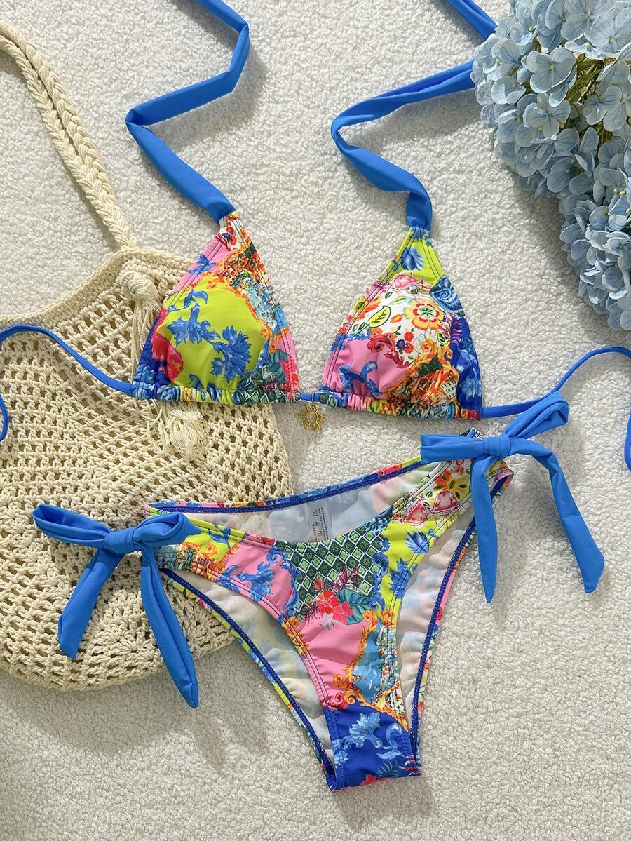 Swim Vcay 2pcs/Set Summer Beach Floral Print Halter Crop Top And Tie Side Bow Bikini Bottom Swimsuit - Multicolor - View 1