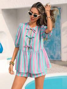 Vivid Eden 女士休闲系带衬衫和宽松短裤套装，条纹纹理面料，海滩度假装，春夏款 - 彩色 - 查看 1