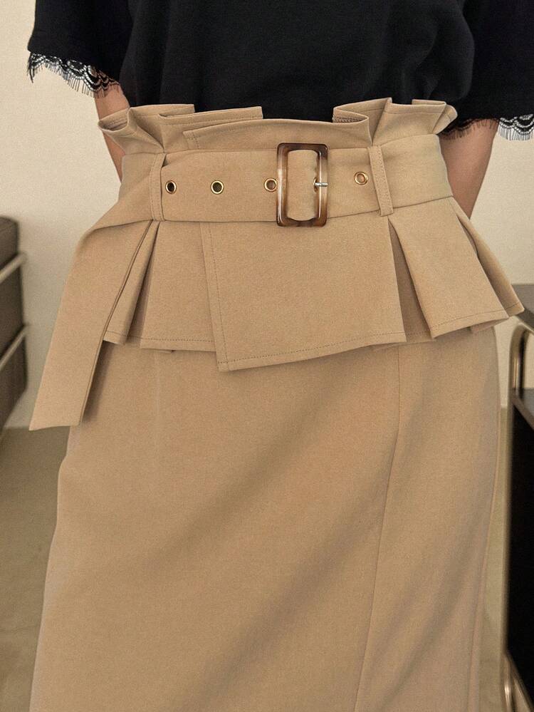 Women's Solid Color High Slit Belted Casual Skirt