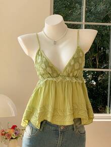 Comfortcana 女士镂空撞色蕾丝荷叶边吊带背心 2026 新款春夏时尚女装，适合海滩度假休闲穿着，绿色上衣 - 綠色 - 查看 8