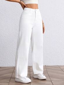SHEIN EZwear 大码女式春季白色无弹力修身直筒裤 - 白色 - 查看 5