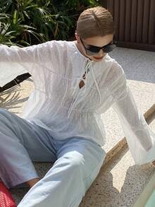 Livesso Áo sơ mi nữ cổ chữ V buộc dây, chất liệu vải dệt, kiểu dáng thời trang thường ngày. - trắng - Xem 5