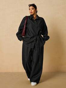 SHEIN Tall CURVE 大码女式长袖单排扣系带衬衫搭配阔腿牛仔裤休闲两件套，适合冬季、圣诞节、新年、感恩节、通勤、度假、毕业典礼等场合，兼具时尚感和Y2K风格，可爱街头风，适合派对、婚礼、商务休闲等各种场合。舒适的牛仔两件套，休闲长袖上衣搭配抽绳腰带阔腿牛仔裤，适合节日聚会等日常穿着。 - 黑色 - 查看 5