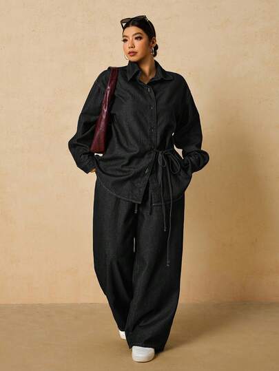 SHEIN Tall CURVE Bộ đồ đôi nữ cỡ lớn gồm áo sơ mi dài tay cài một hàng khuy có thắt lưng và quần jeans ống rộng, thích hợp cho mùa đông, Giáng sinh, Năm mới, Lễ Tạ ơn, đi làm, nghỉ lễ, tốt nghiệp, phong cách Y2K, dễ thương, thời trang đường phố, dự tiệc, đám cưới, thanh lịch, công sở, thoải mái. Bộ đồ đôi denim thoải mái cho nữ, áo dài tay có dây rút ở eo và quần jeans ống rộng, thích hợp cho các dịp lễ hội, tụ họp, mặc hàng ngày.
