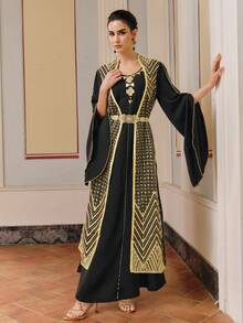 Anewsta Elegante bata negra artesanal con bordado dorado y cuentas, con cintura ceñida 2 en 1 - Negro - Ver 6