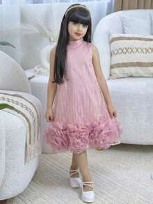 SHEIN Pitira Đầm chữ A thanh lịch dành cho bé gái tuổi teen với cổ áo hoa 3D và họa tiết bướm. - Hồng - Xem 10