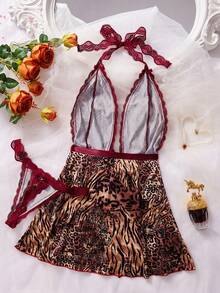 2pcs Lace Contrast Mesh Sexy Nightgown Set (Halter Neck + Sexy + Animal Print + Panty) - Multicolor - View 2