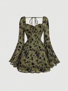 SHEIN MOD Đầm ren đen tay chuông cổ vuông cỡ lớn - xanh quân đội - Xem 1