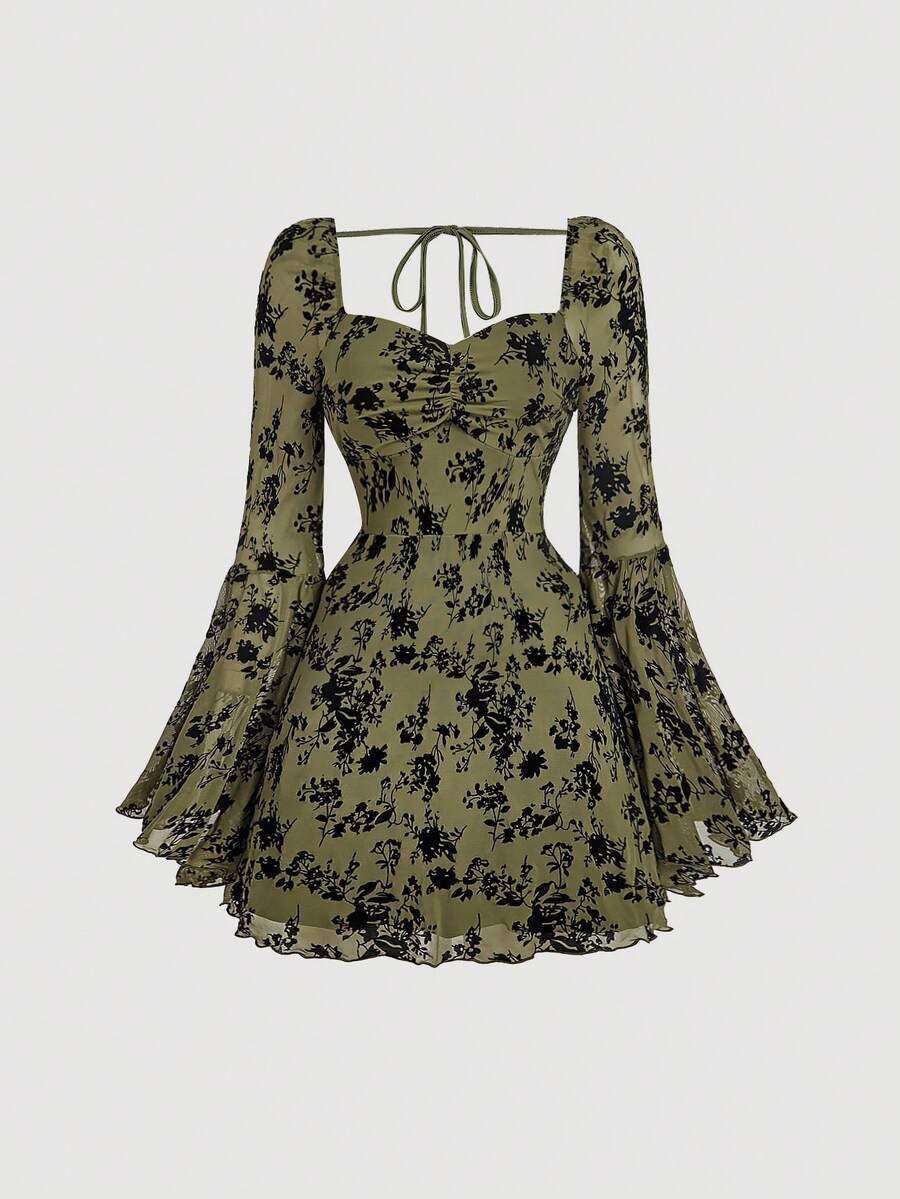 SHEIN MOD Đầm ren đen tay chuông cổ vuông cỡ lớn - xanh quân đội - Xem 1