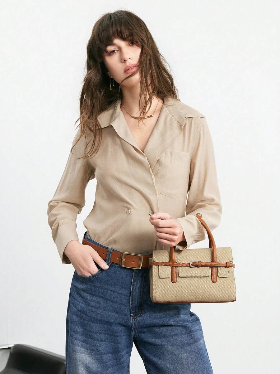 SHECARRY Ladies Handbag, Beige And Brown Patchwork Contrasting Colors, Exquisite Strap Decoration, A Must For Commuting. - Multicolor - View 1