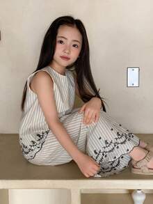 DAZY 两件套女童条纹无袖上衣和阔腿裤套装，秋季穿搭 - 杏色 - 查看 7