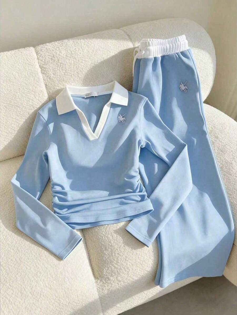 Teen Girl Knight Embroidery Pattern Ruffle Long Sleeve T-Shirt And Drawstring Waist Pocket Pants Casual Back To School Outfit Set - Blue - View 1