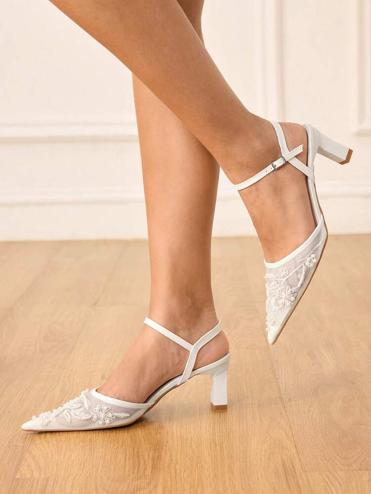 CUCCOO HITCHD Salto Alto Feminino de Bico Fino com Bordado e Contas, Elegantes Sapatos de Salto Slingback, Moda para Casamento, Dia dos Namorados, Chá da Tarde, Visual Gracioso - Branco - Visão 8