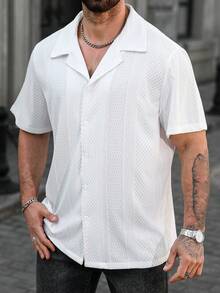 EGENSIO 男士加大码前扣纯色纹理短袖衬衫 - 白色 - 查看 6