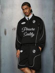 PAVTROS 男士休闲字母印花拉链连帽衫和短裤套装 - 黑色 - 查看 4