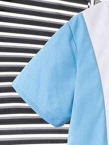 Vacaura 2pcs/Set Tween Boys' Blue, White & Navy Patchwork T-Shirt Paired With Blue Shorts, Soft & Comfortable Fabric, Suitable For Summer Outings, Photoshoots, School, And Various Occasions - Multicolor - View 5