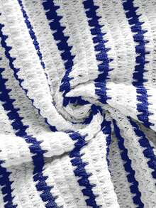 Soleia Women's Vacation Black & White Knit Textured Asymmetric Twist Bust Ruffle Hem Bodycon Mini Dress - Blue and White - View 7