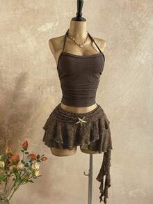 Soleia Váy dạ hội dáng lệch vạt, họa tiết sao biển ánh kim, trang trí họa tiết jacquard, thích hợp cho kỳ nghỉ hè trên bãi biển dành cho nữ. - màu nâu - Xem 3