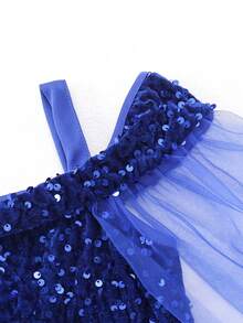 Glamorique Kids 年轻女孩优雅迷人可爱酒红色吊带露肩薄纱收腰鱼尾连衣裙，正式礼服 - 寶藍色 - 查看 8