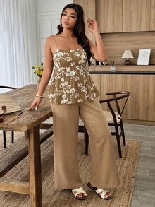 Weeklong Plus Size Women Casual Vacation Spaghetti Strap Square Neck Embroidered Ruffle Hem 2 Piece Set, Spring/Summer - Khaki - View 6