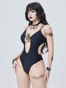 ROMWE Goth 2026新款性感纯色金属装饰镂空连体泳衣，春夏款 - 黑色 - 查看 3