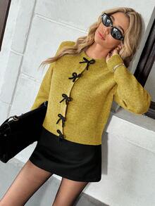 SHEIN PariChic Cardigan Rajut Lengan Panjang Kancing Pita Wanita, Musim Gugur/Dingin - Mustard Yellow - View 5