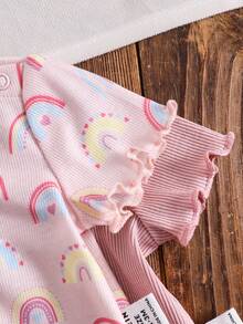 SHEIN LMoss Kids Dozemod Kids Newborn Baby Girl 4pcs Casual Ditsy Floral Ruffle Trim Round Neck Short Sleeve Top And Pants Knit Striped Pajama Set, Summer - Multicolor - View 4