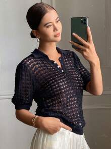 DAZY 女士纯色修身镂空 Polo 领短袖优雅正式针织上衣，春秋季 - 藏蓝色 - 查看 5