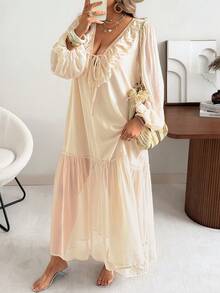 Vionelle Women's Loose Chiffon Plus Size Long Dress With Ruffle Hem And V Neck Extra Long Bishop Sleeve Bohemian Style - Apricot - View 4