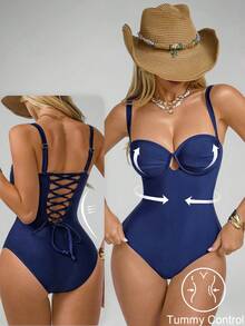 Shapewave 1pc Women's Solid Color Ruched Sexy Fashion Spaghetti Strap One-Piece Swimsuit - Navy Blue - View 3