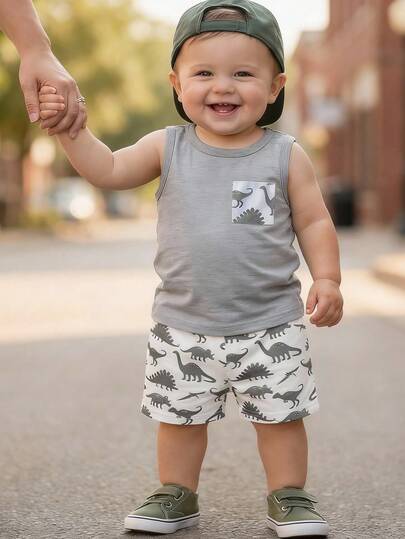 SHEIN 1 Set Baby Boy Fashionable Casual Cute Dinosaur Print Faux Pocket Design Vest Top And Dinosaur Print Shorts Set, Suitable For Outdoor Wear In Summer