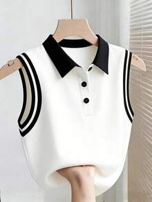 Franclia Tall 2026新款黑白撞色拼接衬衫，高弹力翻领无袖衬衫，半开襟纽扣设计，休闲通勤及学院风上衣 - 黑與白 - 查看 3