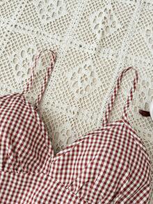 少女日常休闲红白格子吊带背心 - 紅白色 - 查看 4