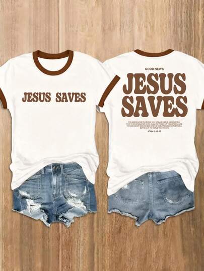 女士休闲标语图案撞色滚边圆领T恤，夏季