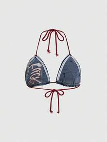 ROMWE Avant 女士 Y2K 复古标语刺绣系带露脐性感牛仔上衣 - 淺色水洗藍 - 查看 2