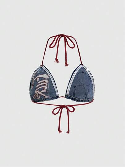 ROMWE Avant Women's Y2K Vintage Slogan Logo Embroidered Tie-Up Cropped Sexy Denim Top