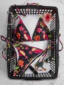 Swim Mod Women's 2-Piece Bikini Set Set, Colorful Fruit Print Halter Neck Bikini With Shell Decor, Suitable For Beach Vacation - Multicolor - View 1