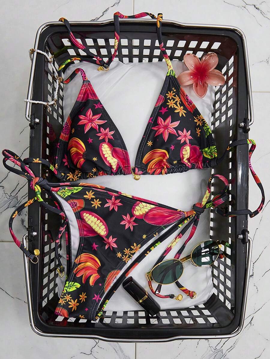 Swim Mod Women's 2-Piece Bikini Set Set, Colorful Fruit Print Halter Neck Bikini With Shell Decor, Suitable For Beach Vacation - Multicolor - View 1