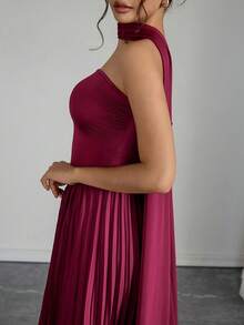 Rafferiza Elegant Burgundy Long Pleated Shoulder Dress, Formal Party Cocktail Dress For Women - Burgundy - View 4