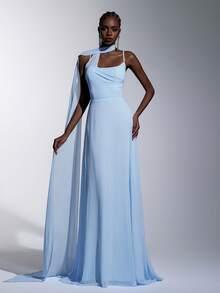 Elitara 优雅奢华蓝色弹力针织吊带亮片伴娘礼服 - 淺藍色 - 查看 4