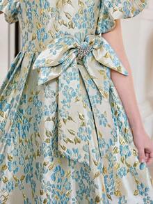 SHEIN Đầm dệt jacquard tay phồng trang trí nơ thanh lịch dành cho bé gái tuổi teen - Màu xanh lam - Xem 8