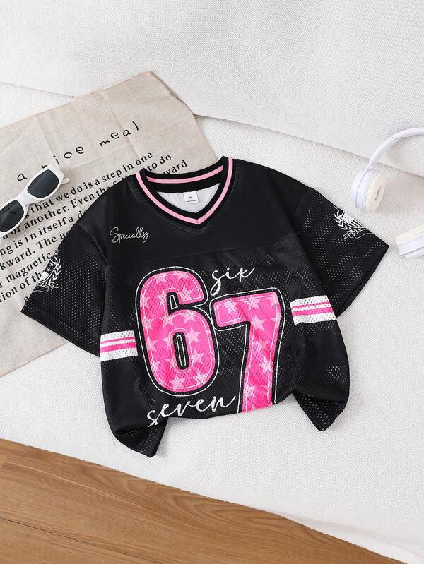 SHEIN Young Girl Fashionable Sports Streetwear Pink & White 23 Print Loose Casual T-Shirt With Woven Patchwork Numeric & Letter Graphics