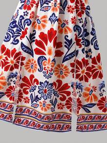 SHEIN Tween Girls' Summer Vacation Casual Floral Print Side Slit Hem Halter Dress Tween Tropical Dress Girls Tropical Dress Summer Dress Tween Girls Midi Dress Tropical Print Dress Girls Halter Midi Dress Tropical Print Midi Dress - Red - View 8