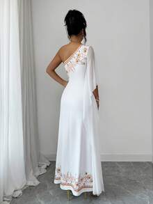 Rafferiza Women's Spring/Summer/Autumn Middle East Off-The-Shoulder Printed Splice Net Dress, Slim And Elegant, Flow And Majestic Long Dress - White - View 2