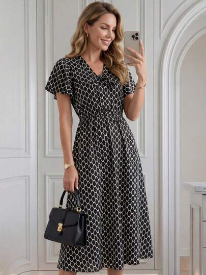 Miaspire This Women's Summer Dress Features A Classic Pure Black Base With A Geometric Diamond Print, Creating A Simple Yet Sophisticated Look. The Neat Diamond Pattern Adds A Touch Of Understated Elegance. The Design Includes A V-Neck With Short Flutter Sleeves, An Elasticated Waist, And An A-Line Midi Skirt. The Breathable Fabric Is Versatile, Suitable For Various Occasions, Balancing A Relaxed Vacation Feel With A Polished Work Look. Perfect For Summer, This Dress Is Ideal For Beach Vacations, City Strolls, Or Daily Commutes. The Black And White Diamond Pattern Conveys A Fashionable Style, While The Cinched Waist Showcases Elegant Taste, Making It A Practical And Stylish Addition To Any Summer Wardrobe.Summer Outfits