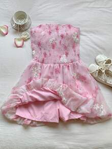 Comfortcana Women's Floral Print Strapless Backless Mini Dress, Vacation Style - Baby Pink - View 8