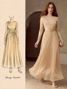 MOTF PREMIUM 女士褶裥修身长袖连衣裙 - 卡其色 - 查看 1