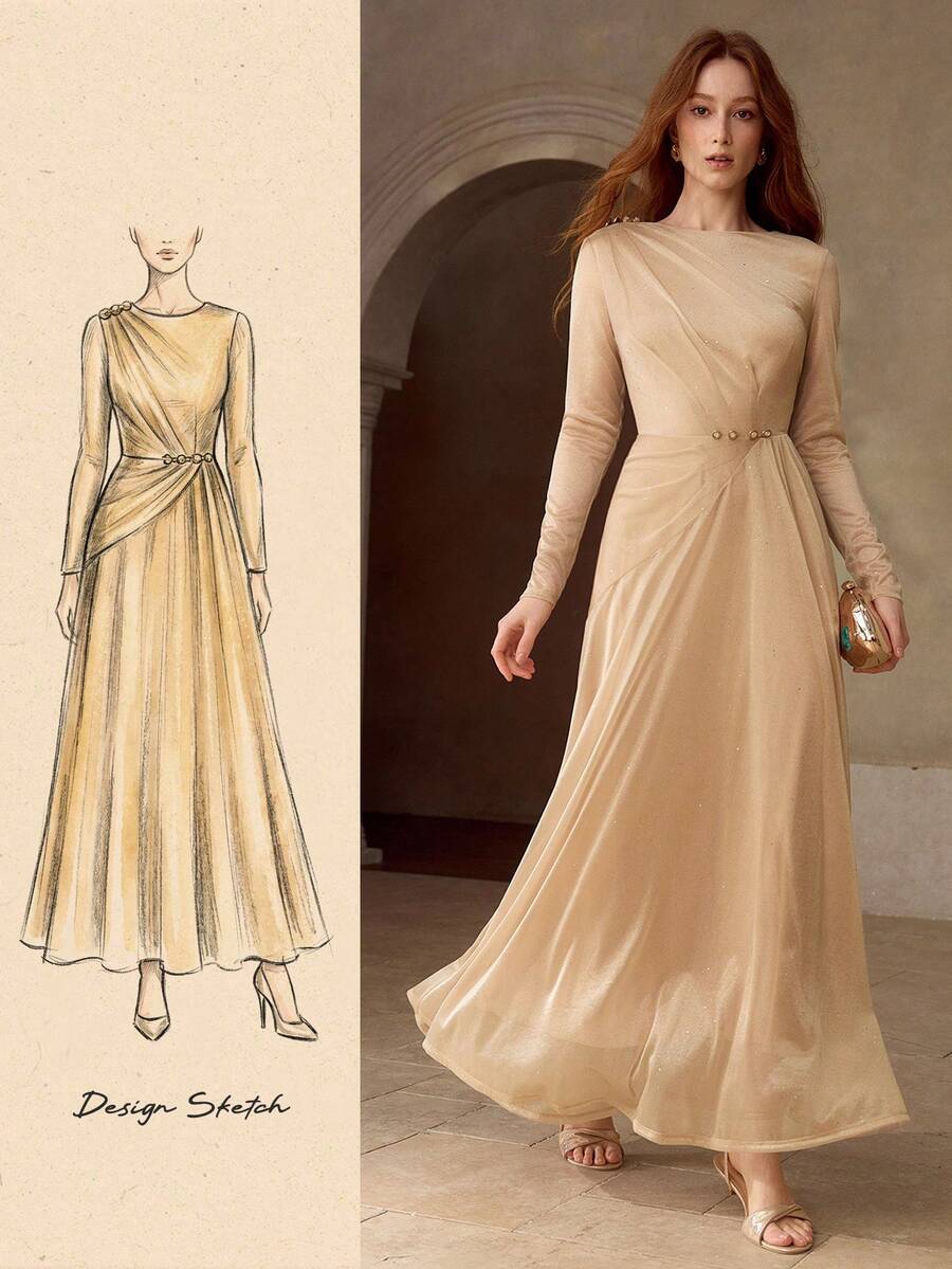 MOTF PREMIUM 女士褶裥修身长袖连衣裙 - 卡其色 - 查看 1