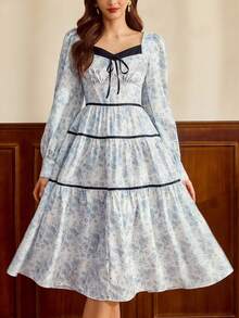 Vintamour Vintage Classic Elegant Women's Dress, Contrast Color Trim Bow Dress, Floral Print Dress, Long Sleeve Dress, Blue & White Flower Dress, Flared Hem Dress Cottagecore Dress French Style Dress Victorian Vintage Style Dress Lolita Dress Spring Outfit Women Spring Dress For Women Valentine's Day Outfit Party Dress Wedding Guest Dress For Women - Blue and White - View 7