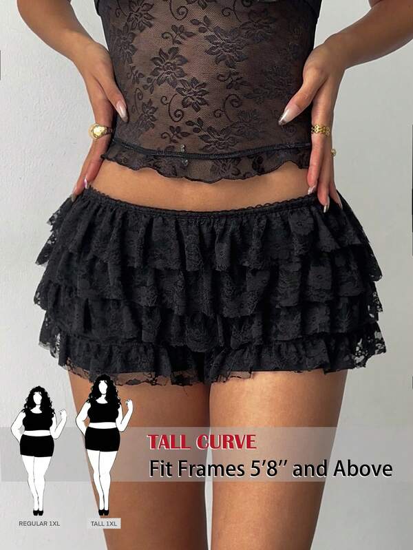 SHEIN Tall CURVE CURVE New Plus Size Women's Tall Girls Fashion Black Romantic And Elegant Layered Ruffle Lace Shorts,High-Quality Knitted Stretch Lace Fabric Andy More Comfortable.High-Waisted Makes You Look Slimmer And Your Legs Longer, Tall Women Pants,Suitable For Tall Women.High-Waisted Makes You Look Slimmer And Your Legs Longer, Suitable For Tall Women.Old Money Style,Suitable For All Seasons And Occasion,Suitable For Tall Girls& Women, Summer Lace Shorts Summer Summer Lace Shorts Summer Outfits Summer Holiday Outfits For Women Spring Outfit Lace Shorts,Office Pants,Elegant Lace Shorts ,Casual Lace Shorts , High-Waisted Slimming Lace Shorts For Summer,Elegant Women's Ceremony Lace Shorts ,Elegant Lace Shorts For Party,Elegant Pants For Ladies,Elegant Long Pants, Vacation Outfits Women,Holiday Outfits For Women,Summer Holiday Outfits,Summer Vacation Outfits ,Sexy Pants For Women,Carnival Carnival Costume Carnival Women Look 2026 2026 Carnival Women Carnival Clothes